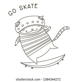 Cat on a skateboard illustration. Cute hipster animal on a skate board. Adult coloring book page. Greeting card.