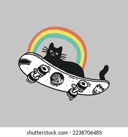 Cat on a skateboard with a rainbow vector illustration design