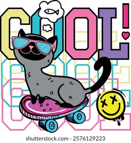 Cat on skateboard. Typography print for kids  . Original design with cat in glasses. print for T-shirts, textiles, wrapping paper, web. 