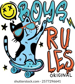 Cat on skateboard. Typography print for kids  . Original design with cat in glasses. print for T-shirts, textiles, wrapping paper, web. 