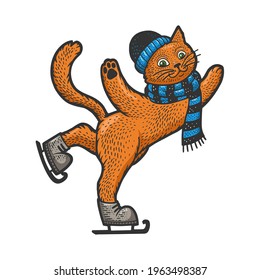 cat on skates color sketch engraving vector illustration. T-shirt apparel print design. Scratch board imitation. Black and white hand drawn image.