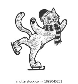 cat on skates sketch engraving vector illustration. T-shirt apparel print design. Scratch board imitation. Black and white hand drawn image.