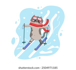 Cat on skis with poles in a knitted scarf goes down the mountain. Snow, winter illustration. Active lifestyle, sport. Animal character, kitten. Background isolated.