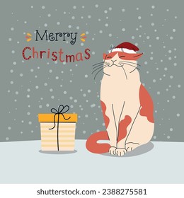 Cat on the snowy background . Christmas vector flat cartoon illustration