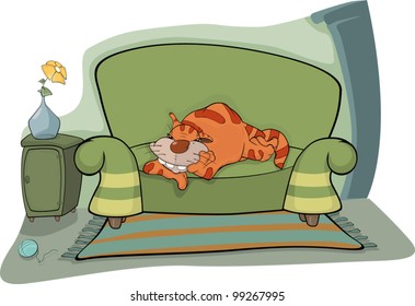 Cat on a sofa. Cartoon