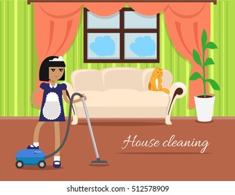 Cat on sofa design flat. Housework and domestic service, clean room illustration. Girl with hoover in uniform make cleaning in house
