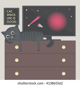 Cat On The Table, Space On The TV, The Picture With Inscription Cat, Space, Life Is Good On The Wall. Vector Illustration. 