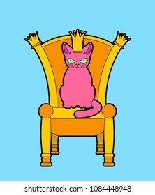 Cat on throne. Regal pet boss. Royal chair. Vector illustration