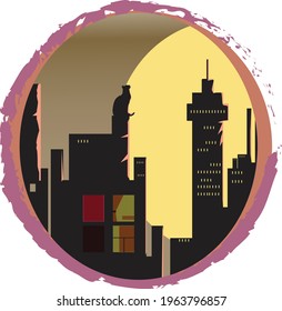 cat on top building illustration. city on night view.