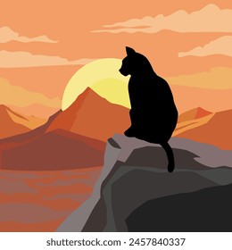 A cat on top of a mountain watches the sunset. A minimalist illustration in warm colors. The painting conveys a sense of melancholy, serenity, and awe.