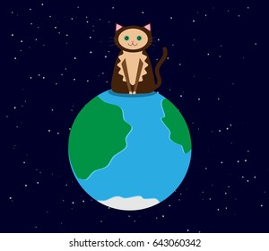 Cat on top of the world vector illustration