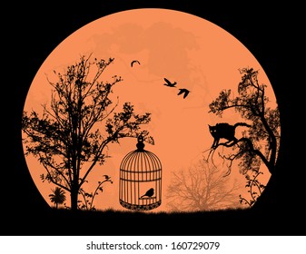 Cat on a tree and bird in a cage on beautiful landscape in front of full moon, vector illustration