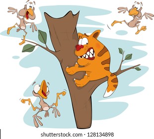 Cat on a tree and birds. Cartoon