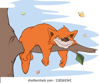 Cat on a tree and butterflies. Cartoon