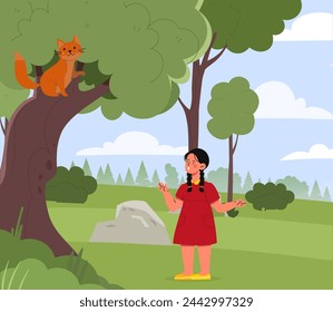 Cat on tree concept. Girl stand in city park and look at kitten at tree. Dangerous situation with domestic animal. Surprised child in summer day. Cartoon flat vector illustration