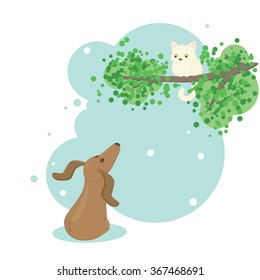 Cat on the tree and dog dachshund. Vector illustration