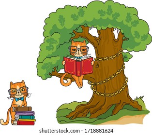 Cat on the Trees. Cat reading book.