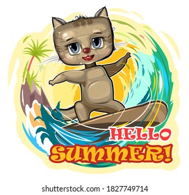 A cat on vacation rides a board. Steep wave and surfing. Hot Summer. Sport. Illustration for children. Kid is an animal. Cute and funny. Isolated on white background. Vector