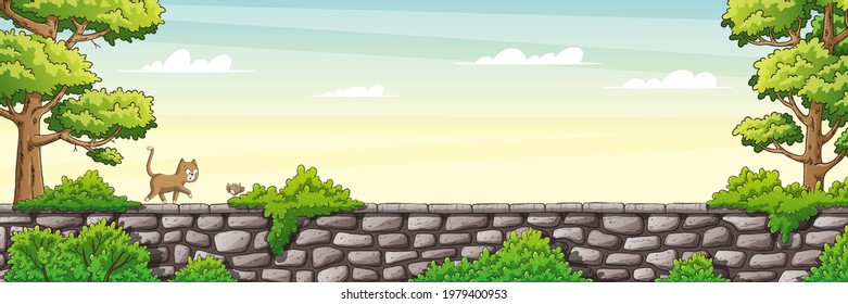 Cat on a wall. Hand drawn vector illustration with separate layers.