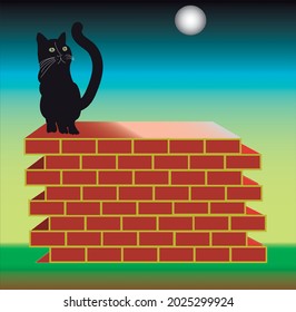 The cat on the wall in the moonlight
