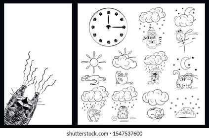 Cat on a white background. Theme for smartphone. Background for the main screen, a watch dial with paw prints and weather icons made in the mood of a cats. Cat weather. Vector illustration.