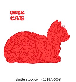 Cat on white. Hand drawn mosaic animal with tiled patterns on isolation background. Design for spiritual relaxation for adults. Doodle for banners, posters, t-shirts and textiles