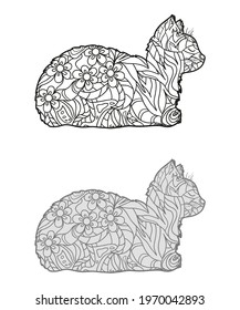 Cat on white. Hand drawn abstract zen animal with abstract patterns on isolation background. Black and white illustration