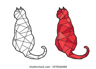 Cat on white. Hand drawn abstract animal on isolation background. Stained glass. Geometric animal. Black and white and colorful character