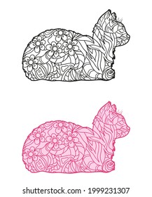 Cat on white. Hand drawn abstract animal on isolation background. Abstract ornate character. Different color options