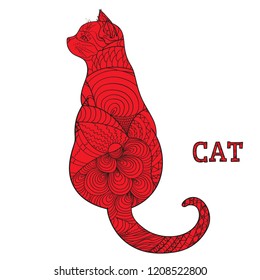 Cat on white. Zentangle. Hand drawn animal with intricate patterns on isolated background. Design for spiritual relaxation for adults. Zen art. Doodle for banners, posters, t-shirts and textiles