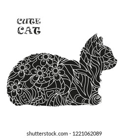 Cat on white. Zentangle. Hand drawn animal with abstract patterns on isolation background. Design for spiritual relaxation for adults. Black and white illustration