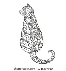 Cat on white. Zentangle. Hand drawn animal with abstract patterns on isolation background. Design for spiritual relaxation for adults. Outline for t-shirts. Print for flyer, poster or textile