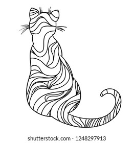 Cat on white. Zentangle. Hand drawn animal with abstract patterns on isolation background. Design for spiritual relaxation for adults. Print for flyer, poster or textile