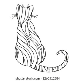 Cat on white. Zentangle. Hand drawn animal with abstract patterns on isolation background. Design for spiritual relaxation for adults. Outline for t-shirts. Print for flyer, poster or textile