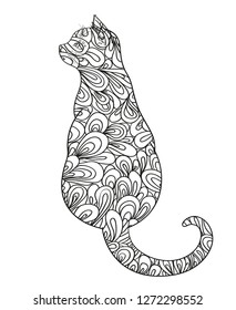 Cat on white. Zentangle. Hand drawn animal with abstract patterns on isolation background. Design for spiritual relaxation for adults. Outline for flyer or poster. Black and white illustration
