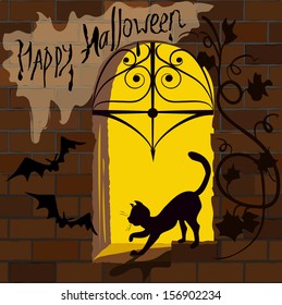 Cat on the window, Halloween. vector illustration
