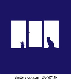 Cat on Window. Silhouette.