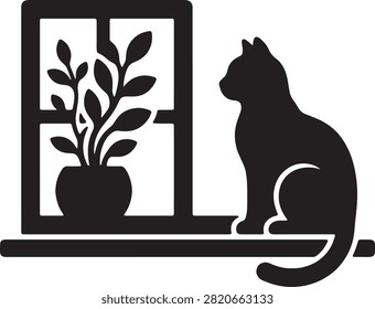 Cat on window sill, looking out, home plant, domestic pet.