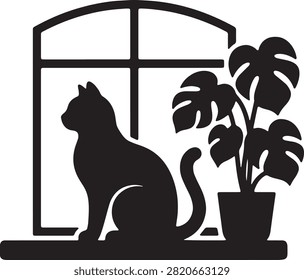 Cat on window sill, Monstera plant, looking out, home comfort.