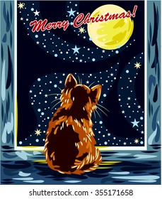 Cat on the windowsill looking at the moon