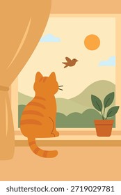 Mirando a la Naturaleza | Ilustración vectorial plana de un ambiente interior tranquilo con un gato de rayas naranjas sentado en un alféizar de la ventana, mirando al exterior a un pájaro volador, el sol brillante, las nubes y las colinas verdes ondulantes. Una planta en maceta y cortinas beige enmarcan la ventana, creando un ambiente acogedor y contemplativo.