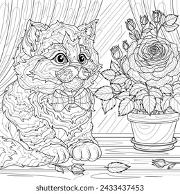 
A cat on the windowsill and a rose in a pot.Coloring book antistress for children and adults. Illustration isolated on white background.Zen-tangle style. Hand draw