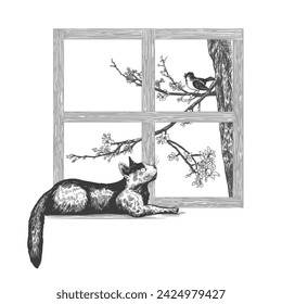  Cat on the windowsill and  singing bird on a blossoming apple tree branch outside the window. Hand drawn monochrome vector illustration. Spring.
