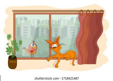 Cat on the windowsill. Cat sitting on windowsill inside and looks out the window at a bird. Corona virus campaign - Stay home. Social distancing. Self isolation from society. Stock vector illustration