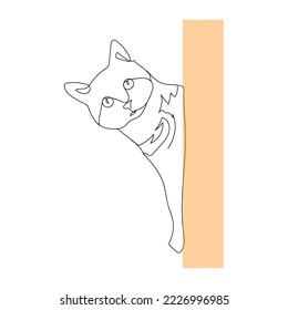 cat one line art drawing hiding behind the wall illustration in white background