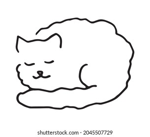 Cat One Line Art. Sleepy Kitty Hand Drawn Vector Illustration. Minimalist Drawing. Trendy Animal Print.