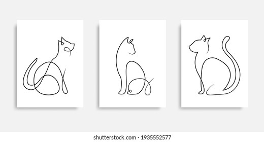 Cat one line drawing vector. Continuous line cats cover poster. Line art. Poster for concept design. Typography poster. Black doodle illustration. Contour symbol. Silhouette vector. EPS 10