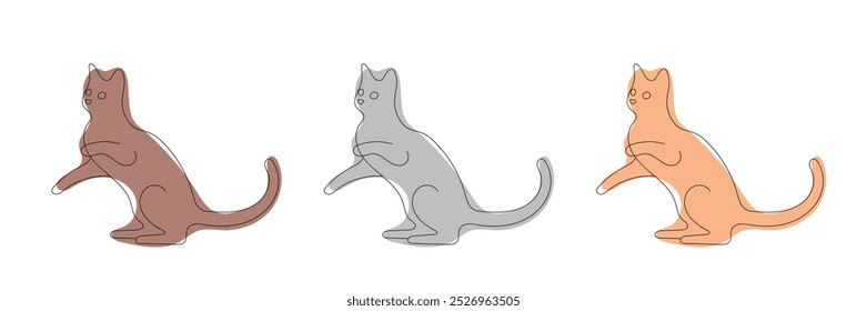 Cat in one line style in different colors on a white background