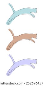 Cat in one line style in different colors on a white background