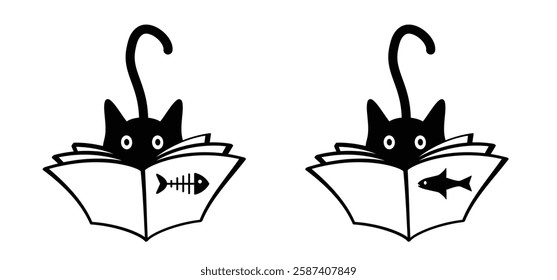 Cat with open book and pagesl. Happy cat reads a fish recipe book. Kitty silhouette and cookbook. Book store logo. Flying pages. 